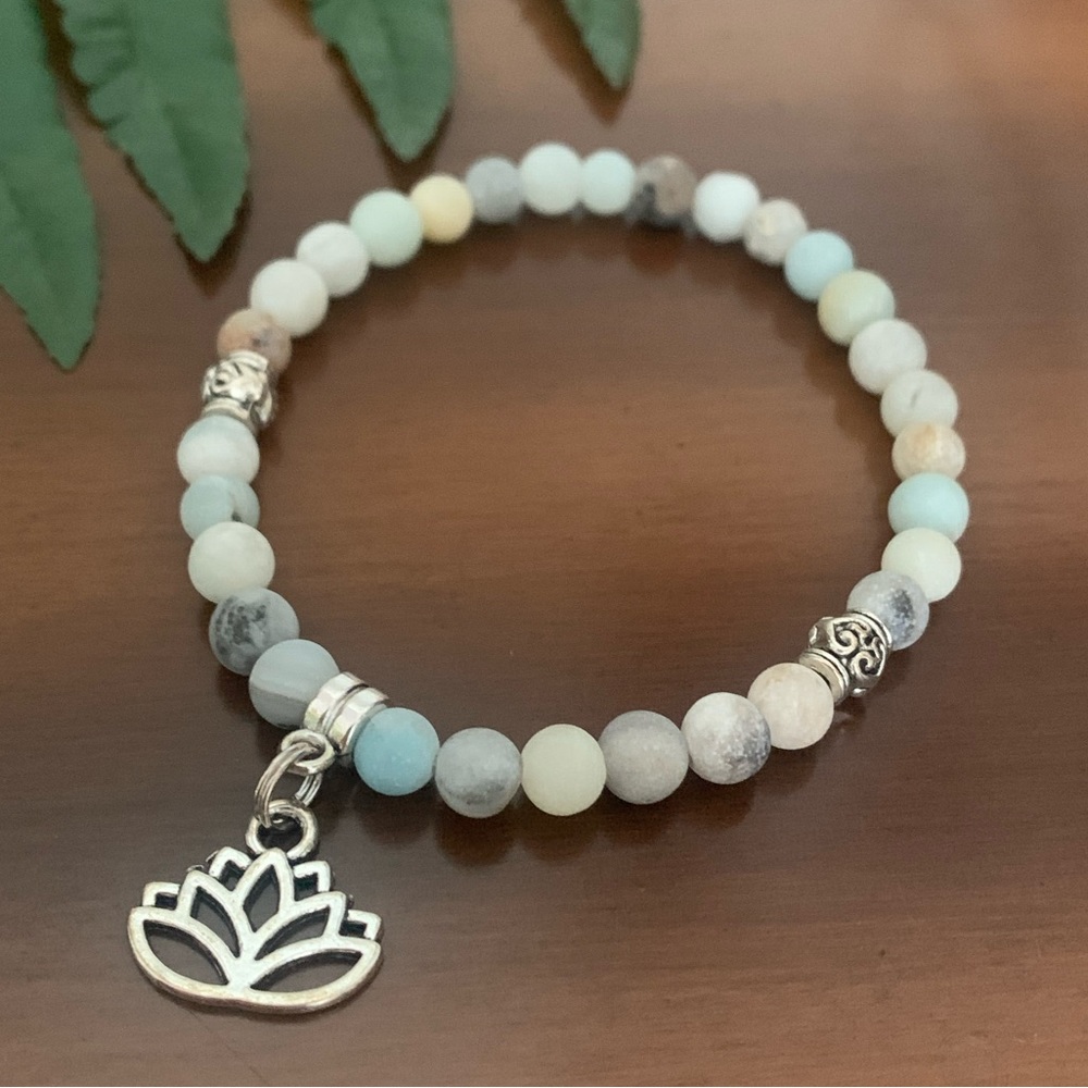 Matte Amazonite w/lotus flower charm. stretchy bracelet by My BrownDog. O/S